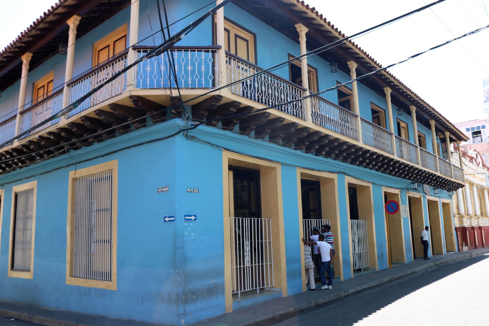 The blue colonial facade of the Casa de la Trova music house in Santiago de Cuba